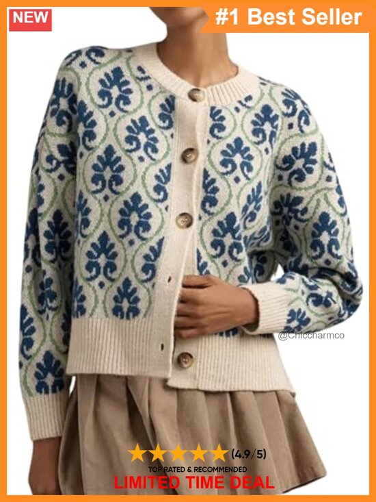 Sweaters - Women Floral Knit Cardigan Open Front Button Down Long Sleeve Vintage Sweater